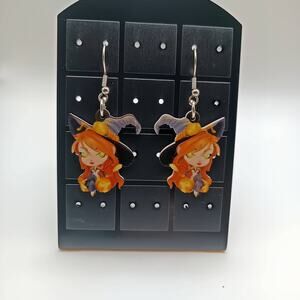 Halloween Witch Dangle Earrings Double Sided Orange Hair Black Hat